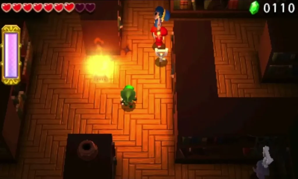 A Link runs through the bookshelf maze past a lit brazier with a pale Poe near the lower right