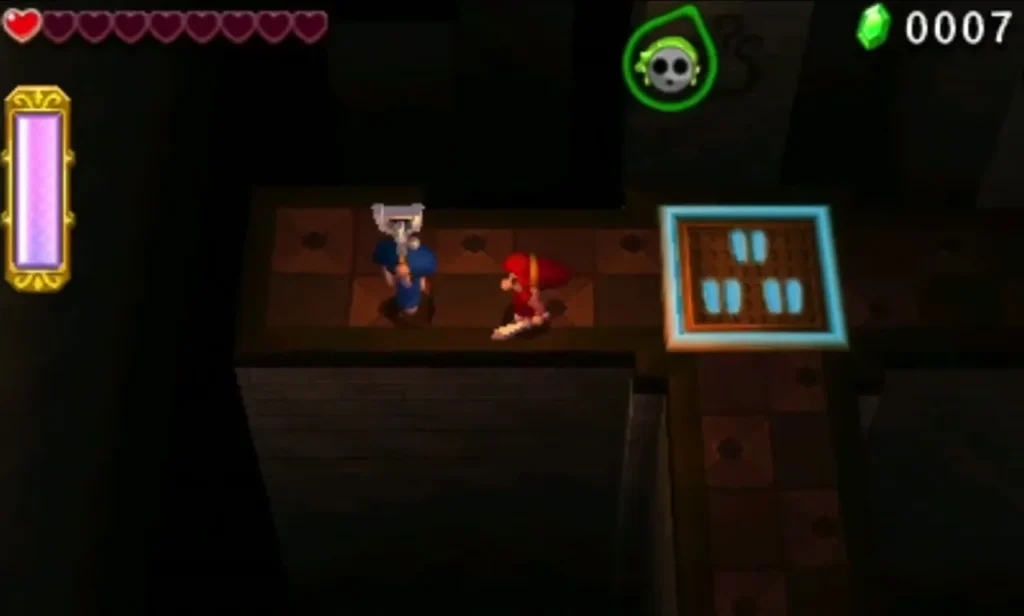 Two Links stand beside a cyan floor switch on a raised brick path in the dark