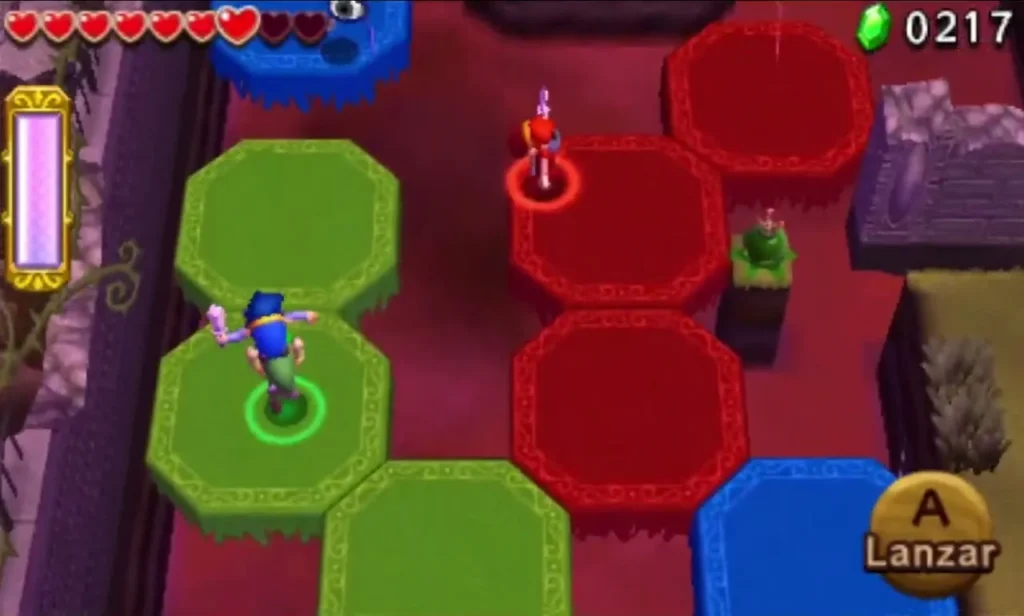 Links stand on red and green platforms beside blue ones over a pit