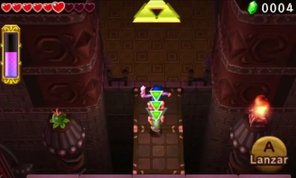Links stack up on a narrow walkway under a golden Triforce at the end of the labyrinth