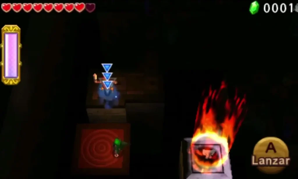 Two Links stack up on a dark ledge while a flame wall burns on a platform beside the pit