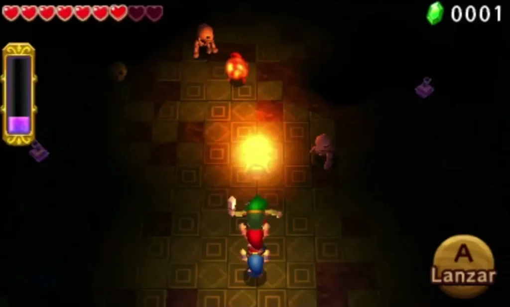 Link stands in a dark chamber beside a glowing brazier and a red torch