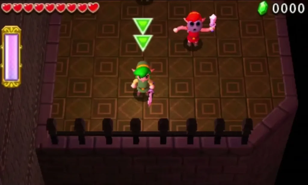 A Link stands in the Lone Labyrinth crypt beside a fence and a red-hatted enemy