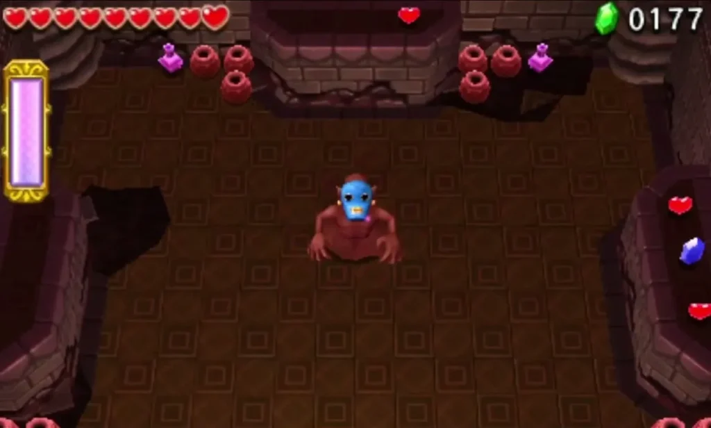 Red-brown tiled room in Lone Labyrinth stage four with a blue creature and clay pots
