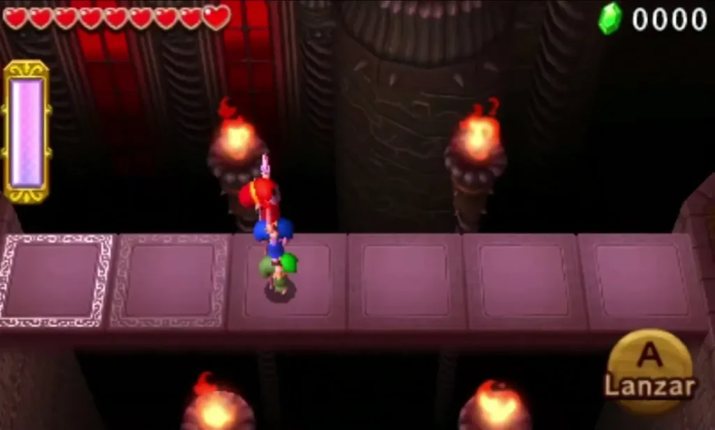 Link walks a row of pink stone platforms between flaming torches in the Lone Labyrinth