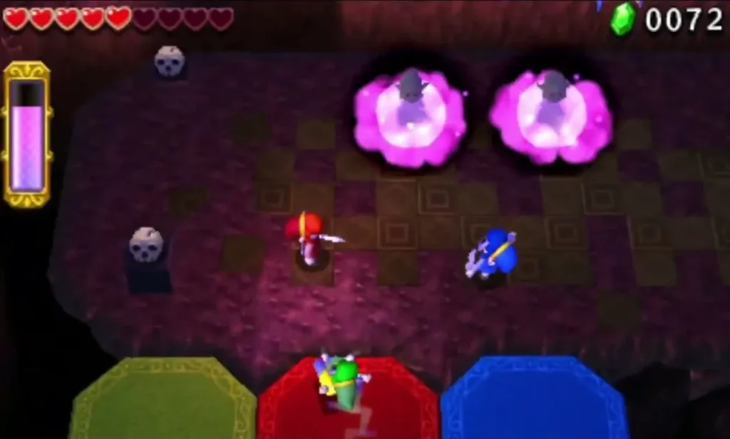 Two glowing pink Poes hover over a purple floor beside coloured octagon platforms