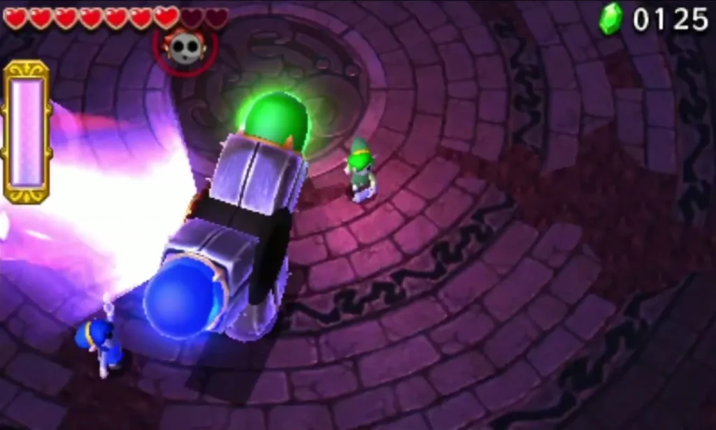 Prismantus lies on its side with a green bulb up while a Link walks beside it