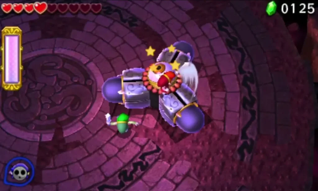 Stunned Prismantus with yellow stars above it while a Link attacks from the side