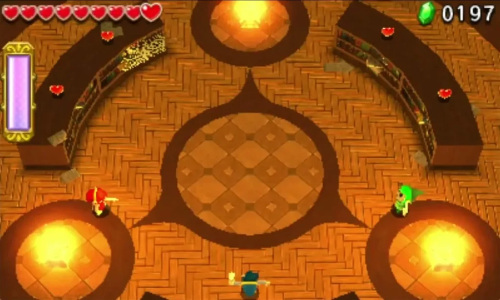 A round library arena with three large lit Braziers and two Links, bookshelves curving around the room