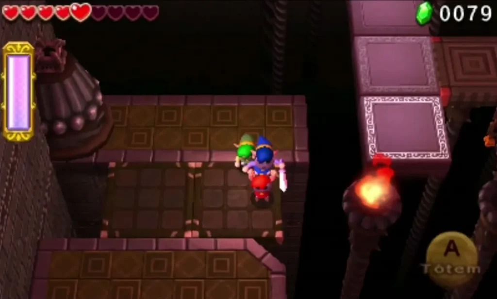 Two Links on a stone ledge beside a Totem prompt and a fire brazier