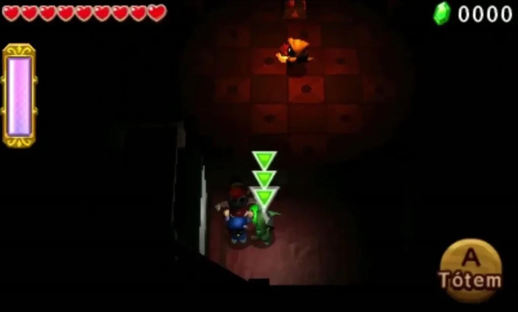 A Totem of Links in a dark red room lit by a single flame