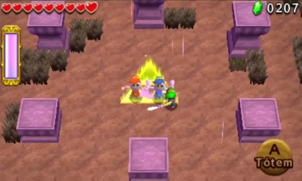 A Totem of Links glowing in a yard of stone blocks, with a Totem prompt on screen