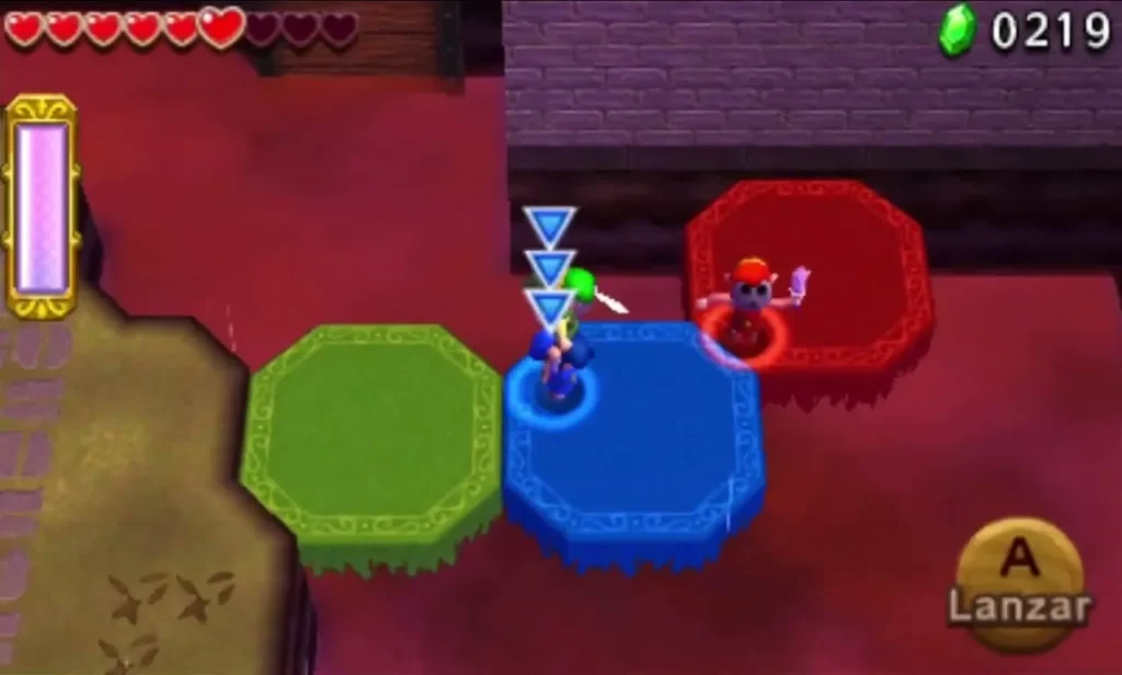 A Totem of three Links stands on a blue platform beside a red one