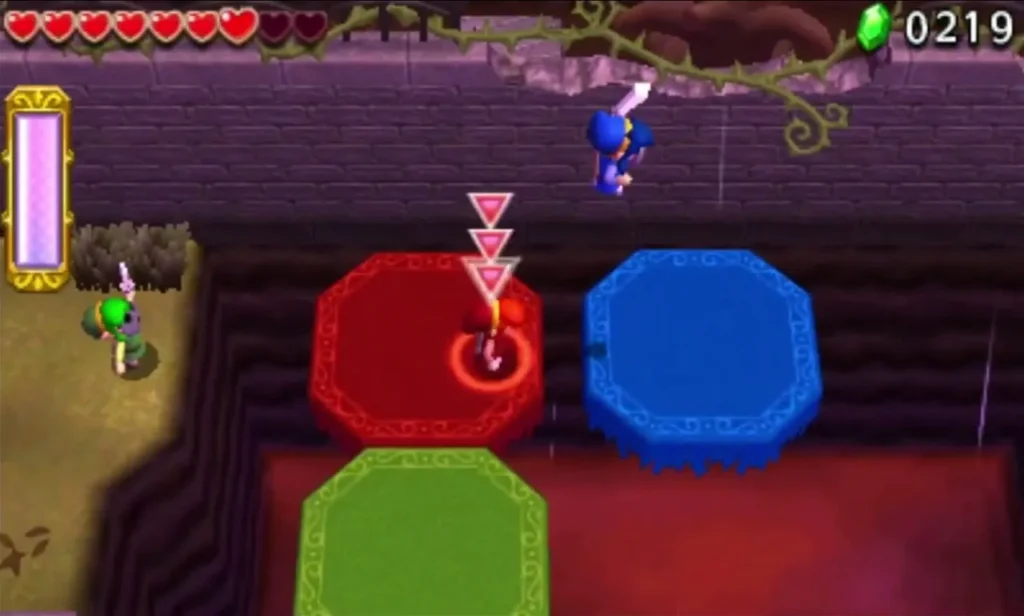 A Totem of Links stands on a red platform beside a blue one over a pit