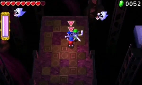 Links stack into a Totem beside white Poes floating over a checkered stone platform