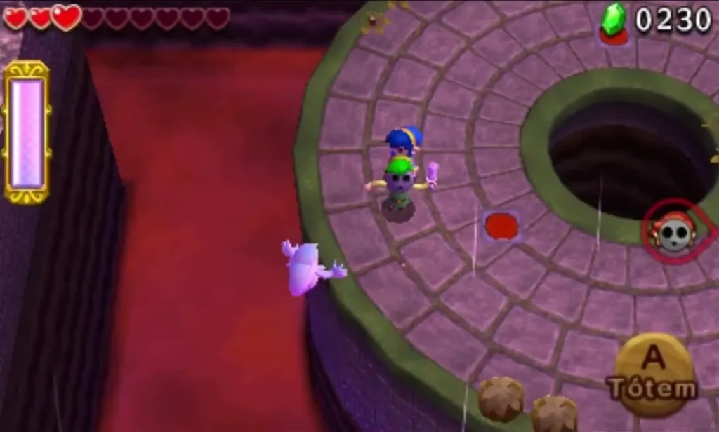 A Link stands atop a Totem on a round arena as a pale Poe drifts close