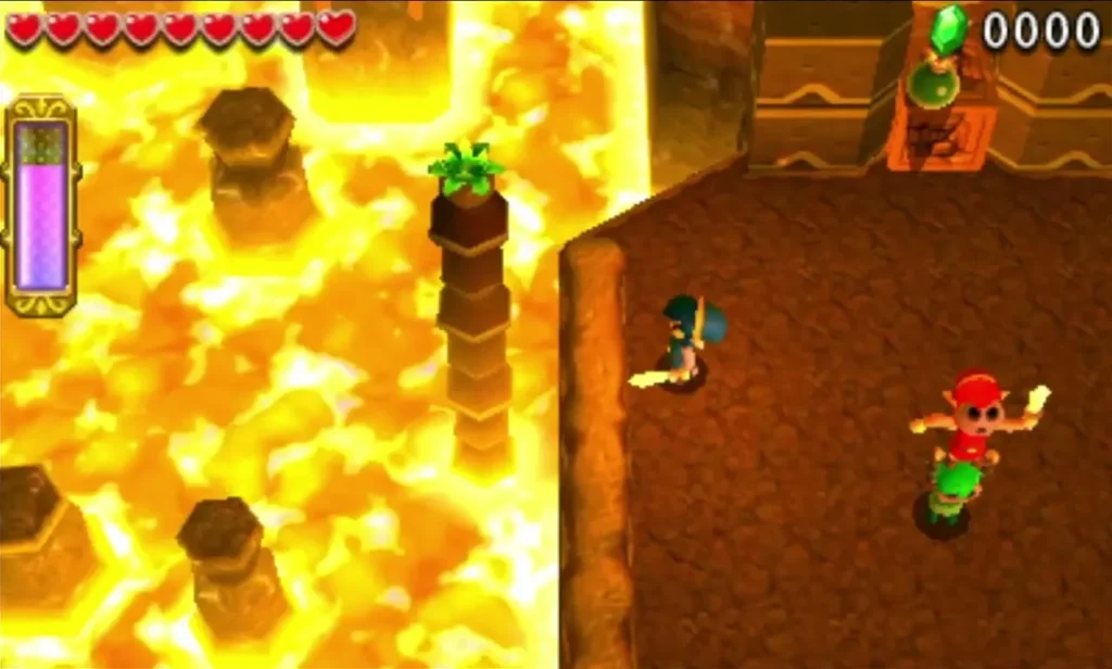 Link near Bomb Flowers on stone pillars above a lava pit in Mina Hinox Link near Bomb Flowers on stone pillars above a lava pit in Mina Hinox