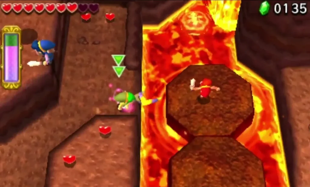 A Totem of Links on a hex rock beside a flame wall, the top Link reaching toward the flames A Totem of Links on a hex rock beside a flame wall, the top Link reaching toward the flames