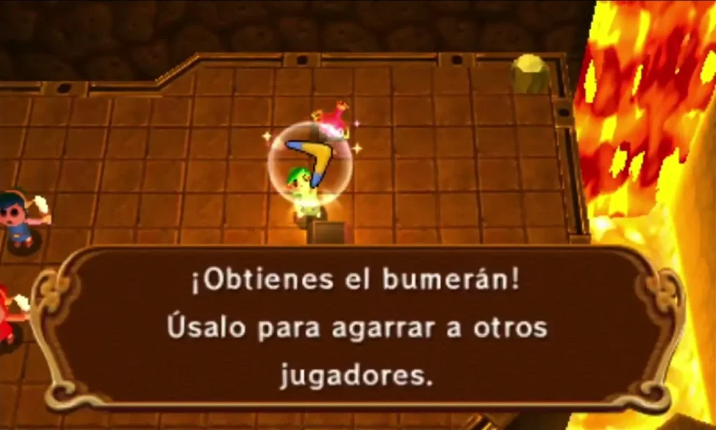 Link holding up the Boomerang while the box explains it can grab other players Link holding up the Boomerang while the box explains it can grab other players