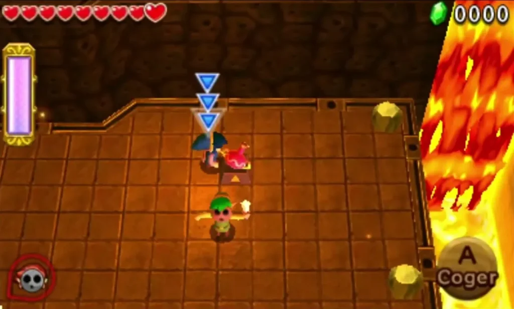 Link beside a lava channel in the Den of Flames, with a pick-up prompt showing Link beside a lava channel in the Den of Flames, with a pick-up prompt showing