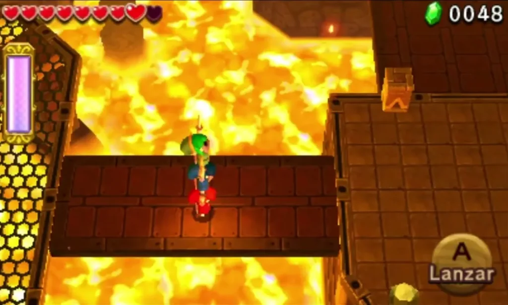 Link standing on a stone bridge over the lava in Den of Flames Stage 2 Link standing on a stone bridge over the lava in Den of Flames Stage 2