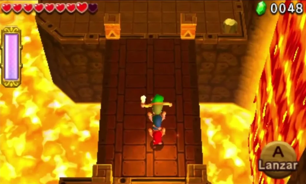 Link walking along a long stone bridge over lava toward the Triforce Gateway in Den of Flames Stage 2 Link walking along a long stone bridge over lava toward the Triforce Gateway in Den of Flames Stage 2