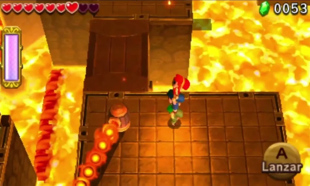 Link on a stone platform beside a fire bar spinning along the edge of the lava Link on a stone platform beside a fire bar spinning along the edge of the lava