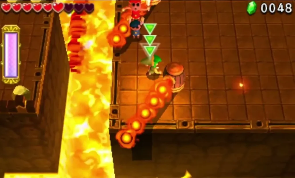 Link beside a spinning fire bar of flames over the lava in Den of Flames Stage 3 Link beside a spinning fire bar of flames over the lava in Den of Flames Stage 3