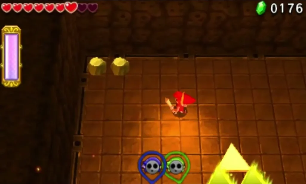 Link in a stone room with two enemy markers and the glowing Triforce Gateway ahead Link in a stone room with two enemy markers and the glowing Triforce Gateway ahead