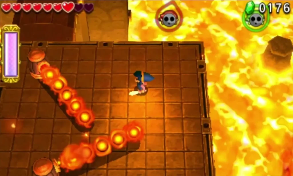 Link on a narrow stone path where two fire bars spin across lava in Den of Flames Stage 3 Link on a narrow stone path where two fire bars spin across lava in Den of Flames Stage 3