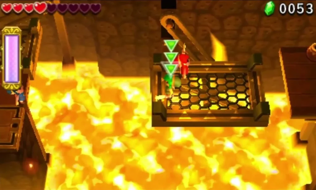 Link standing on a grated Swinging Platform above the lava in Den of Flames Stage 3 Link standing on a grated Swinging Platform above the lava in Den of Flames Stage 3
