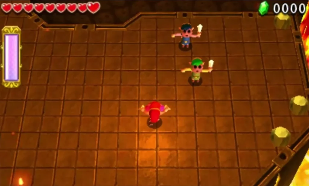 Three Links lined up on the tile floor beside a lava edge in the Den of Flames Three Links lined up on the tile floor beside a lava edge in the Den of Flames