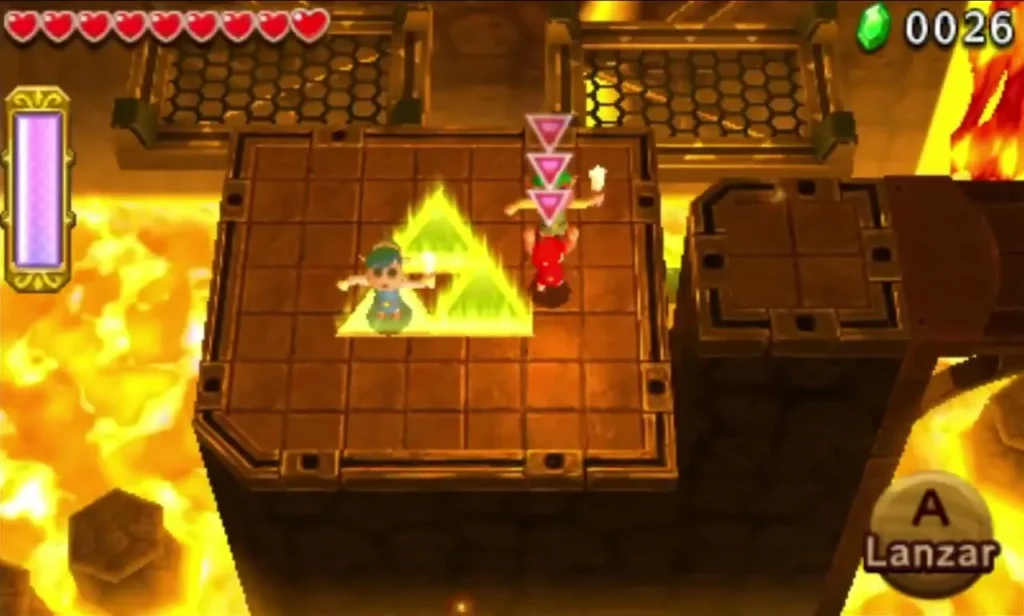 A Totem of Links on a stone ledge beside a glowing Triforce, with lava around it A Totem of Links on a stone ledge beside a glowing Triforce, with lava around it