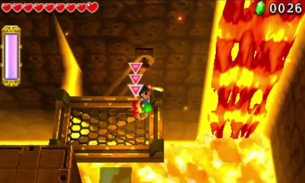 A Totem of Links beside a honeycomb grate in front of a tall flame wall A Totem of Links beside a honeycomb grate in front of a tall flame wall