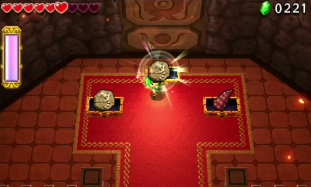 Link lifts a Demon Fossil above the open chests on the red carpet of the Fire Temple Link lifts a Demon Fossil above the open chests on the red carpet of the Fire Temple