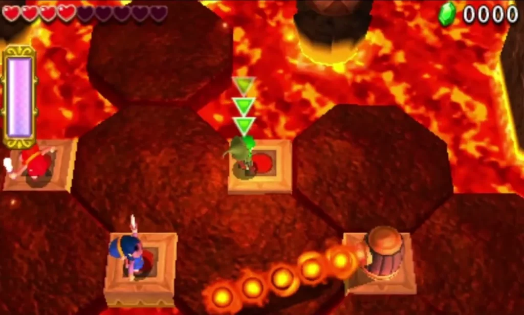 Floor switches sit beside a chain of fire bars over lava in Fire Temple stage 1 Floor switches sit beside a chain of fire bars over lava in Fire Temple stage 1