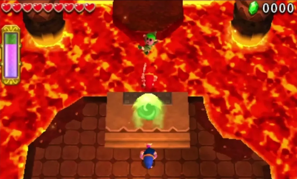 A green gust rises from a Gust Jar on a stone platform in the Fire Temple lava A green gust rises from a Gust Jar on a stone platform in the Fire Temple lava