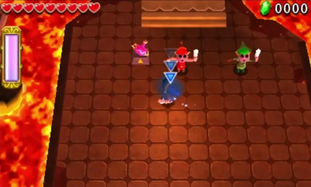 Three Links cross the tiled floor of Fire Temple stage 1 beside a lava river Three Links cross the tiled floor of Fire Temple stage 1 beside a lava river