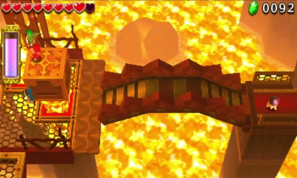 A stone bridge spans the lava in Fire Temple stage 3, leading toward the gateway A stone bridge spans the lava in Fire Temple stage 3, leading toward the gateway