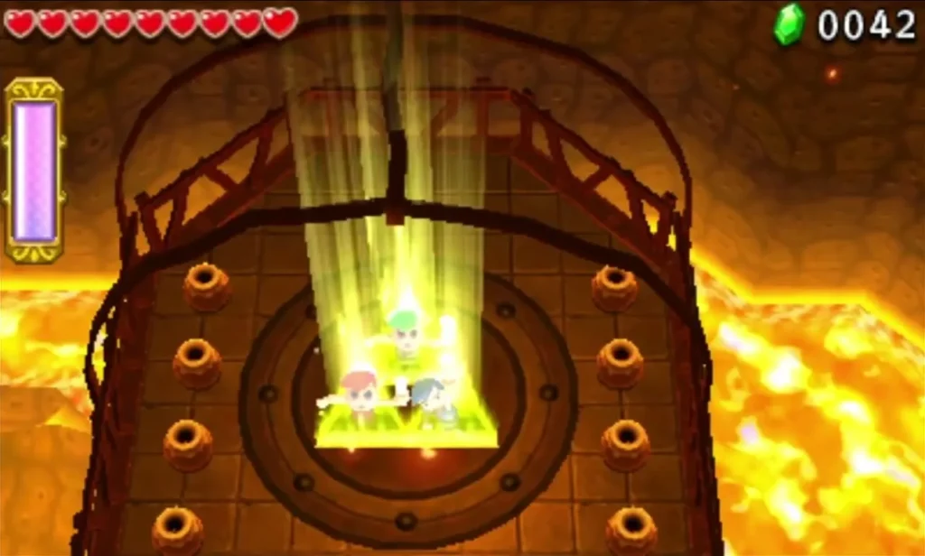 Three Links stand in the glowing exit light at the end of Fire Temple stage 2 Three Links stand in the glowing exit light at the end of Fire Temple stage 2