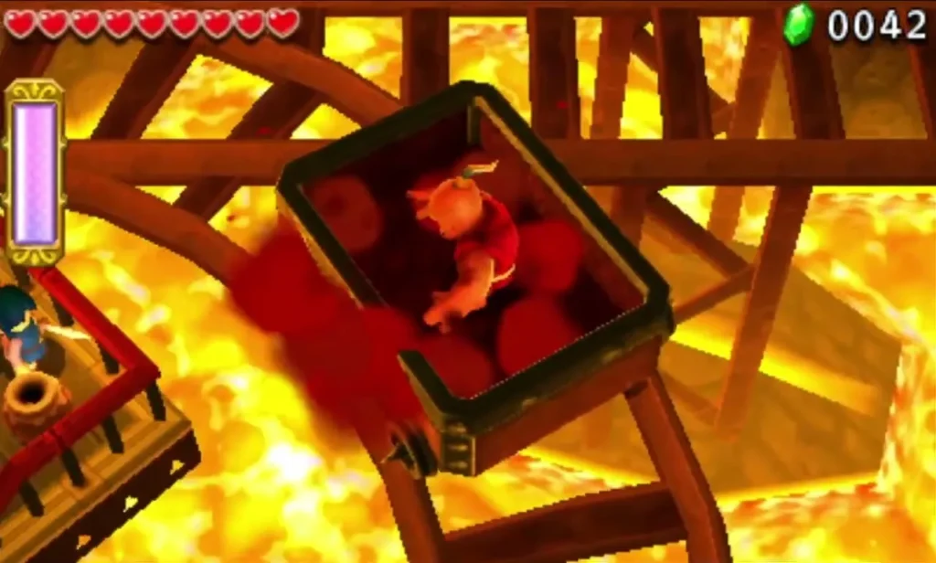 A Hinox sits in a mine cart on a lava track in Fire Temple stage 2 A Hinox sits in a mine cart on a lava track in Fire Temple stage 2