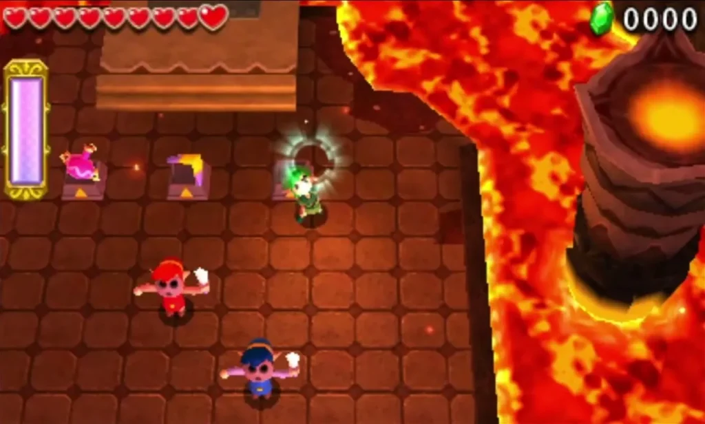 Three Links enter the first stage of the Fire Temple beside a river of lava Three Links enter the first stage of the Fire Temple beside a river of lava