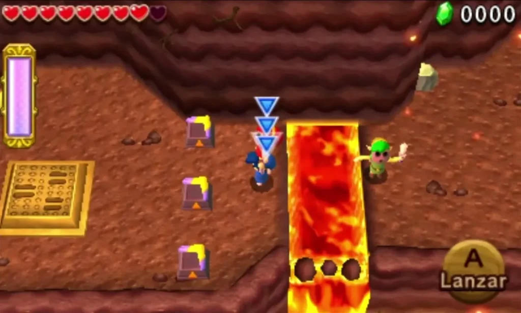 Link beside a lava channel with a throw prompt on screen in Blazing Trail Link beside a lava channel with a throw prompt on screen in Blazing Trail