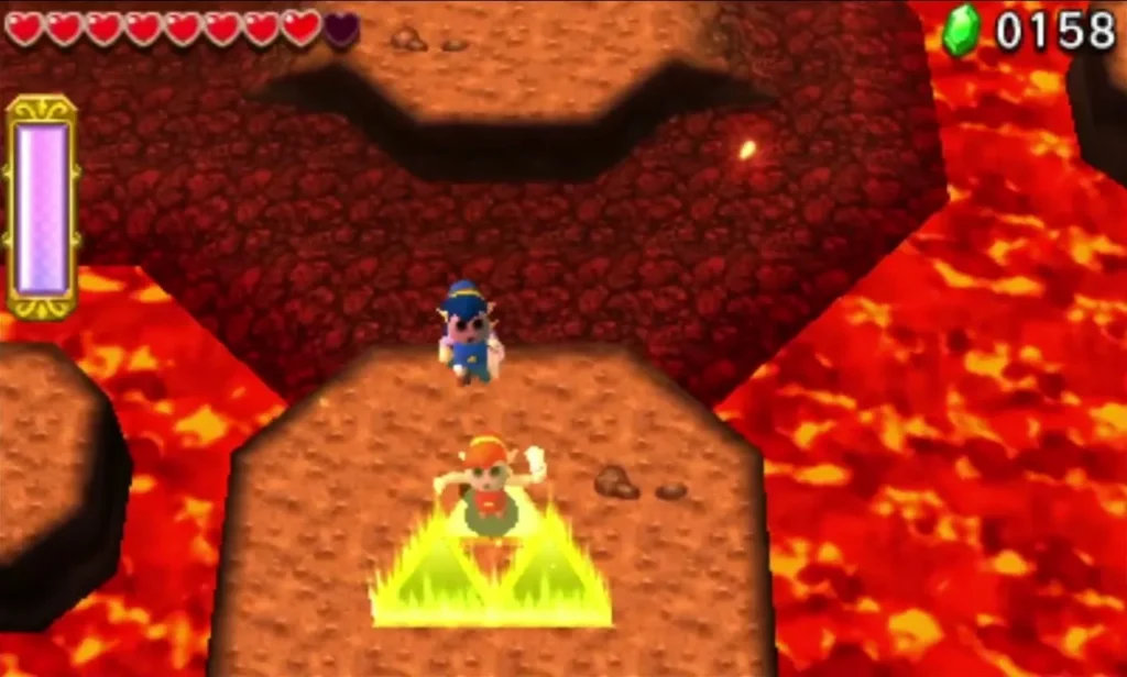 Link standing on a glowing spot of a raised island in the lava at Stage 4 of Blazing Trail Link standing on a glowing spot of a raised island in the lava at Stage 4 of Blazing Trail