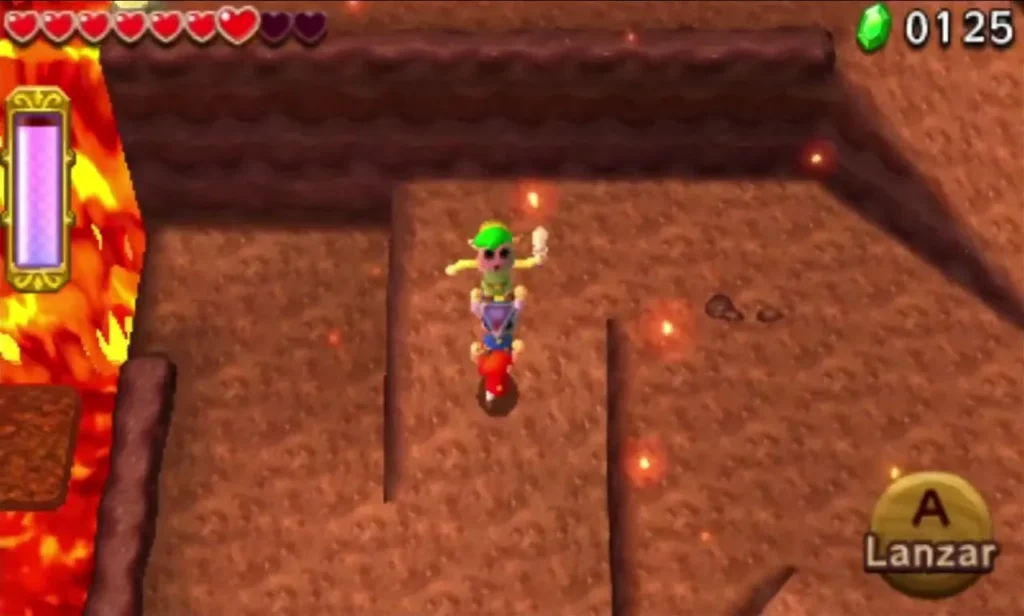Link walking a narrow rocky path between lava channels with embers drifting in the air Link walking a narrow rocky path between lava channels with embers drifting in the air