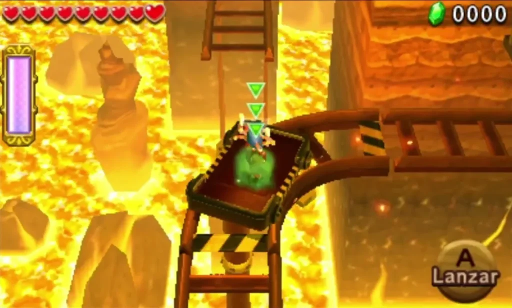 Link riding a mine cart along a wooden track above bright lava in Mina Hinox Stage 2 Link riding a mine cart along a wooden track above bright lava in Mina Hinox Stage 2
