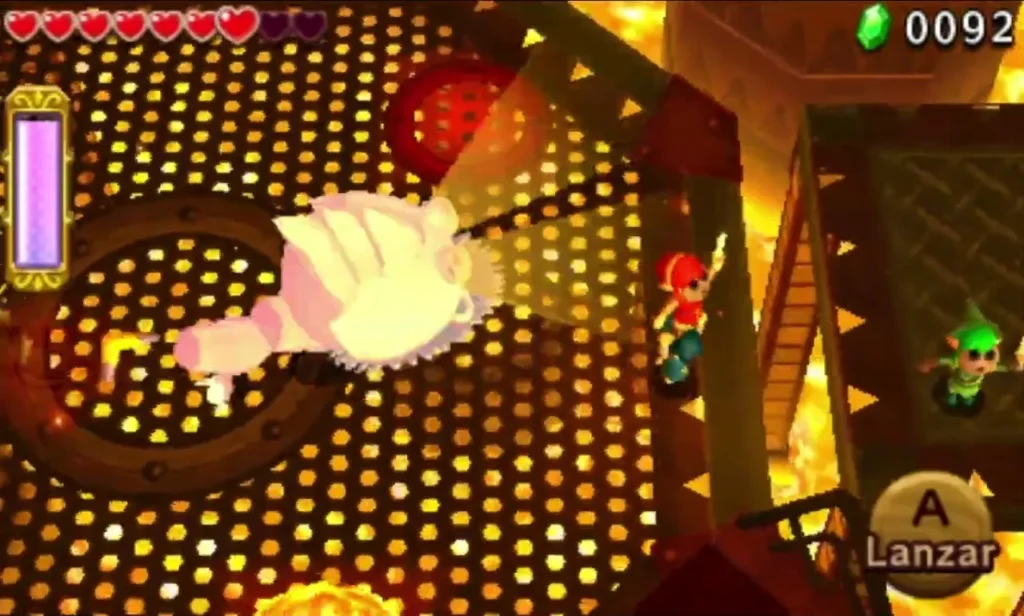 Moldorm's glowing tail flashes white beside Links in the Fire Temple arena Moldorm's glowing tail flashes white beside Links in the Fire Temple arena