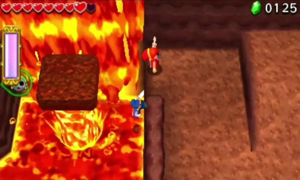 A dark stone block floats in a pool of bright lava on the Blazing Trail's third stage, with Links on the walkway A dark stone block floats in a pool of bright lava on the Blazing Trail's third stage, with Links on the walkway
