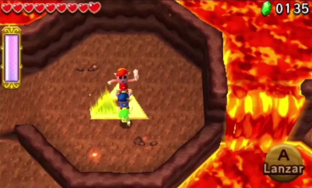 Link standing beside the glowing Triforce Gateway on a rock platform ringed by lava Link standing beside the glowing Triforce Gateway on a rock platform ringed by lava