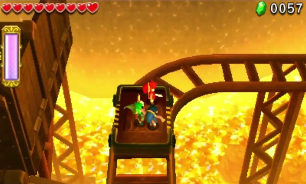 Two Links riding a mine cart along a curved track over the lava in Stage 3 Two Links riding a mine cart along a curved track over the lava in Stage 3